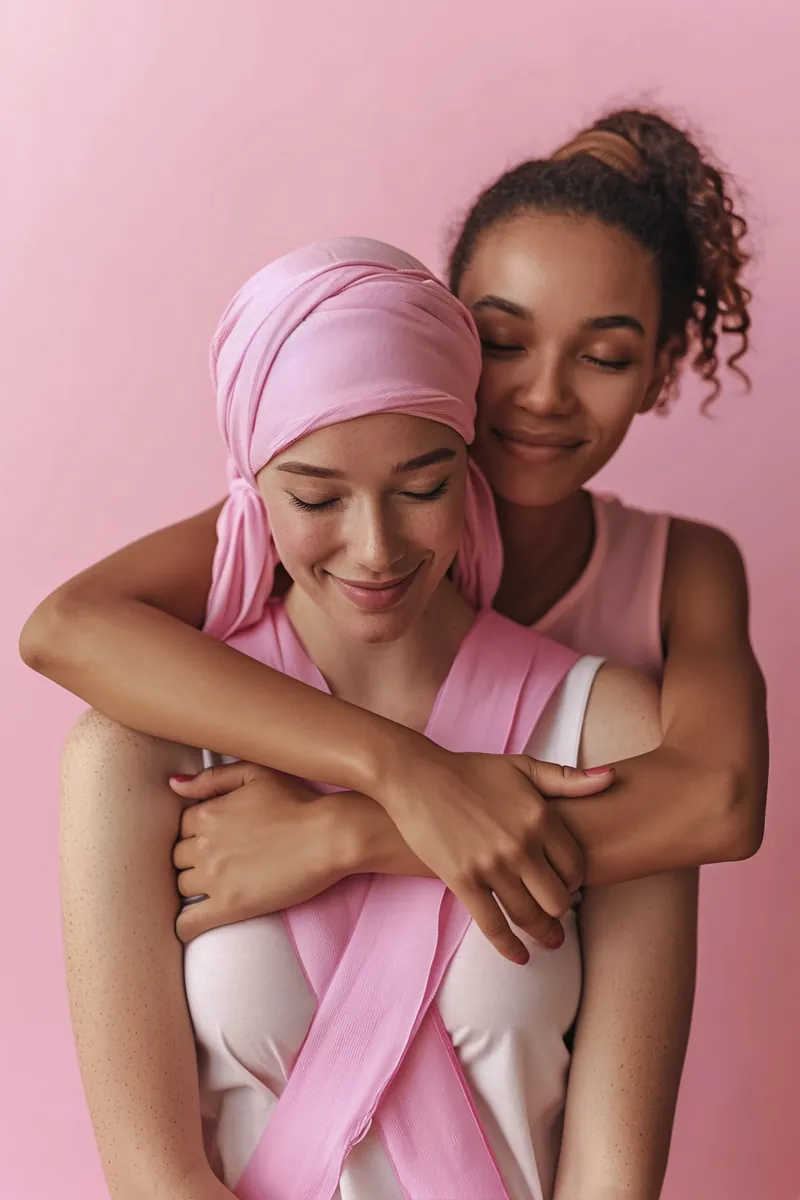 Two smiling women sharing a warm hug, one wearing a pink head scarf, against a pink background