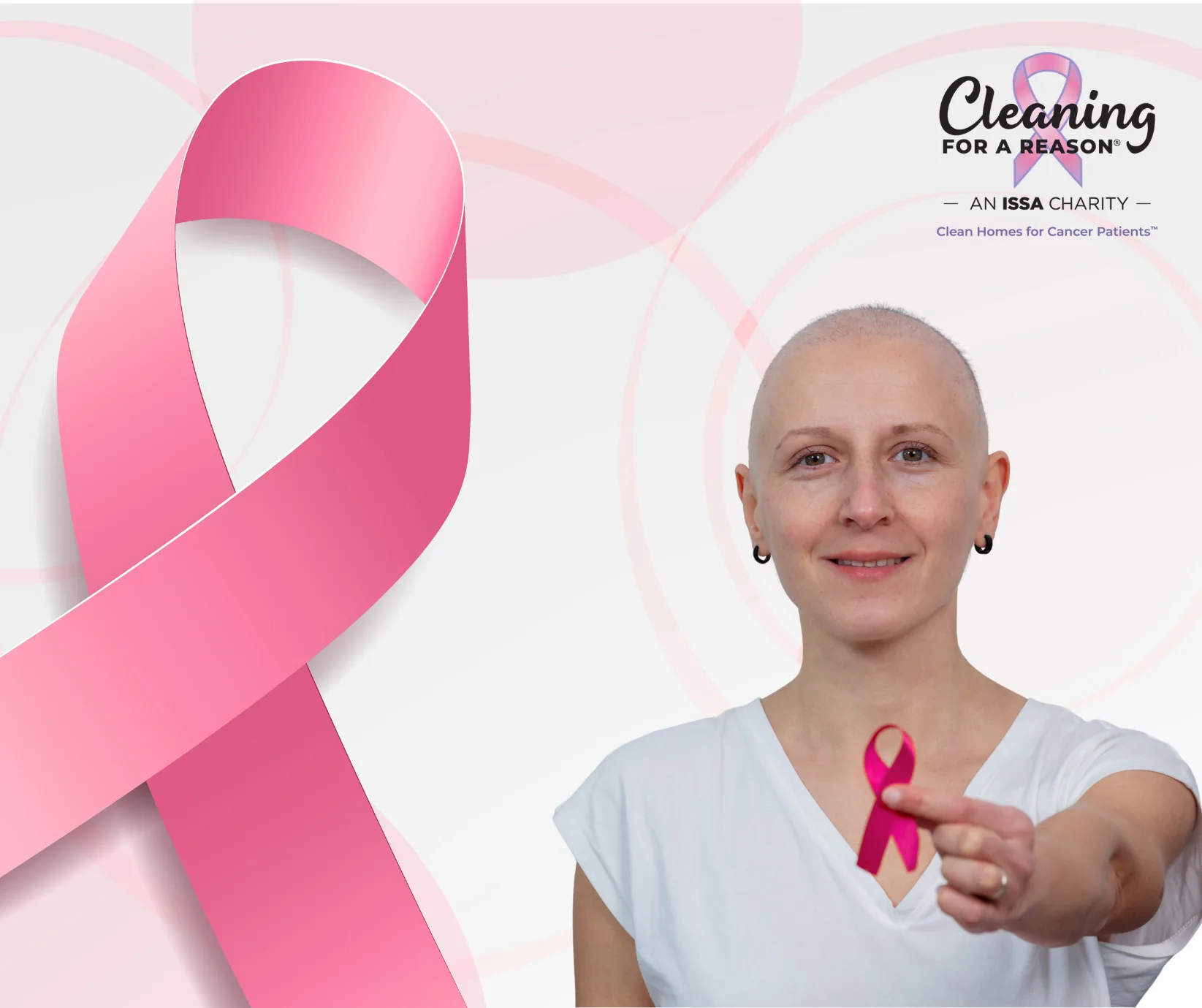 Cleaning for a Reason campaign artwork with a pink ribbon and a woman holding a pink ribbon